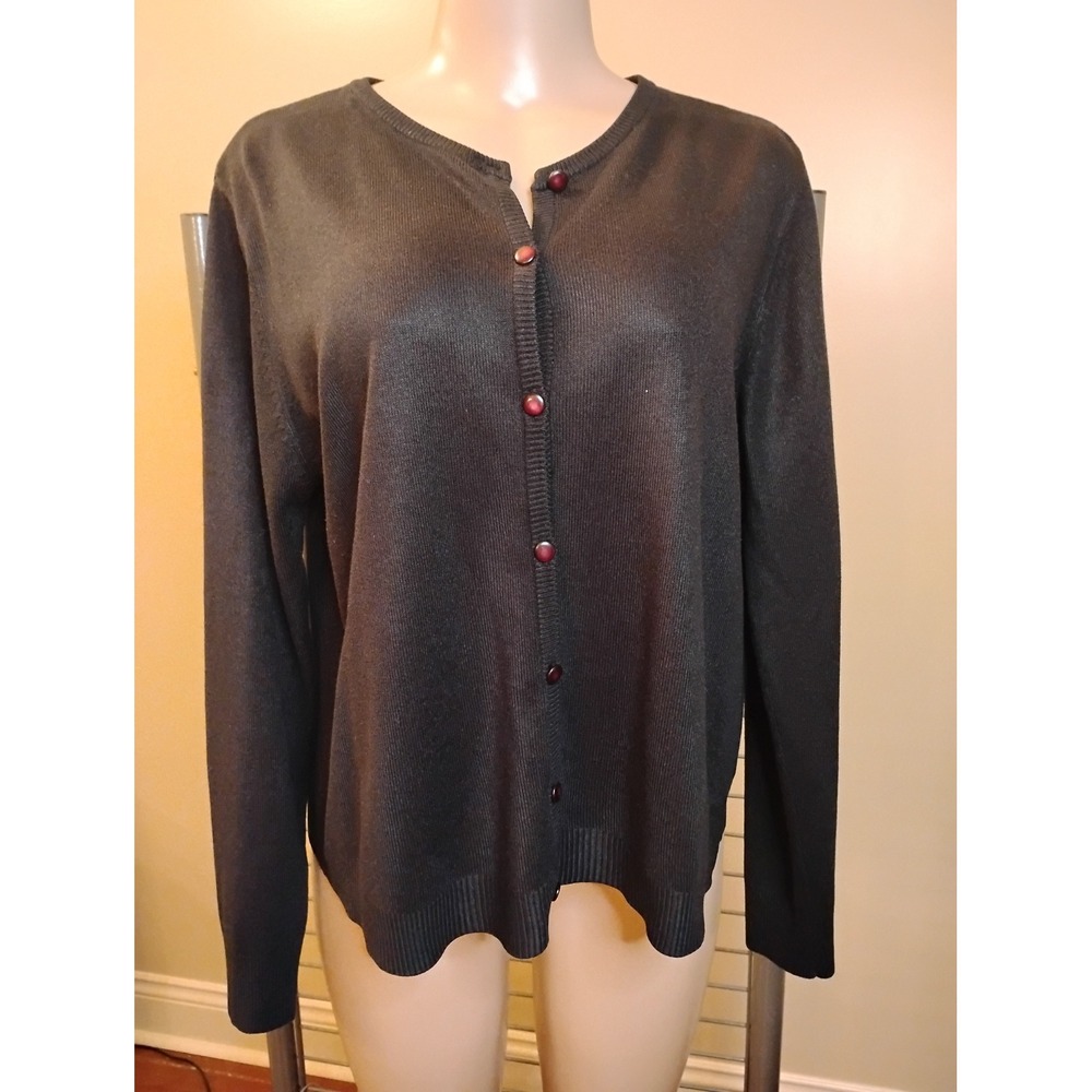 Lemon Grass Black Button Front Cardigan Sweater XL Ribbed Trim Marbled Buttons